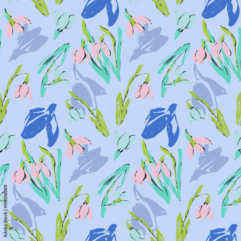 Obraz premium Seamless pattern with pink and blue snowdrops. Background with spring flowers. Delicate pattern with crocuses for textiles, wrapping paper and any design. Vector illustration in a flat style.