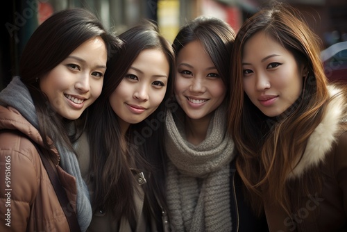 Group of happy cute asian young women in the city, generative AI © Nattawat