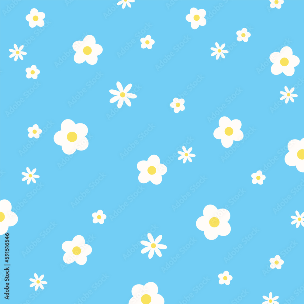 White flower pattern on blue background for wallpaper, backdrop, post card, spring, summer floral print, fabric, clothing pattern, nature, garden, picnic blanket, duvet, phone case, kid dress White flower pattern on blue background for wallpaper, backdrop, post card, spring, summer floral print, fabric, clothing pattern, nature, garden, picnic blanket, duvet, phone case, kid dress