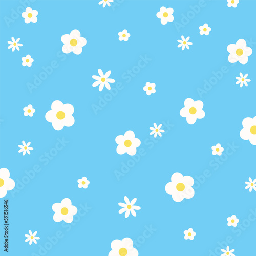 White flower pattern on blue background for wallpaper, backdrop, post card, spring, summer floral print, fabric, clothing pattern, nature, garden, picnic blanket, duvet, phone case, kid dress