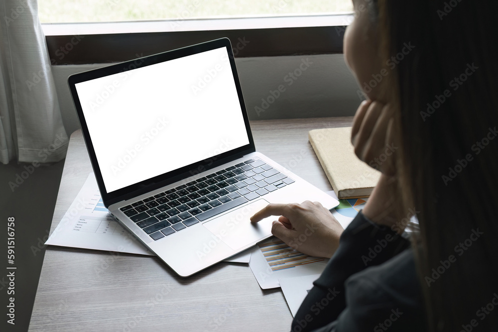 mockup image blank screen computer with blank white background for advertising text, hand woman using laptop contact business search information on desk at home office. marketing and creative design mockup image blank screen computer with blank white background for advertising text, hand woman using laptop contact business search information on desk at home office. marketing and creative design