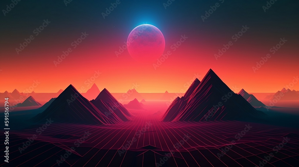 Minimalism, futuristic dark background with bright colored geometry, mountains and a big moon created with Generative AI technology
