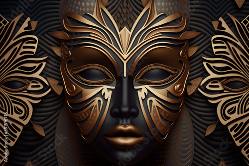 luxury Afrofuturism Mask Pattern ideal for backgrounds or decoration - African art - Golden - AI Technology	

