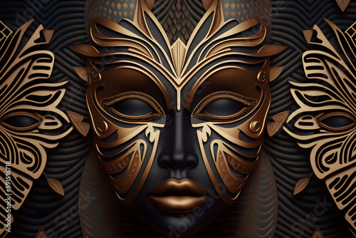 luxury Afrofuturism Mask Pattern ideal for backgrounds or decoration - African art - Golden - AI Technology	
