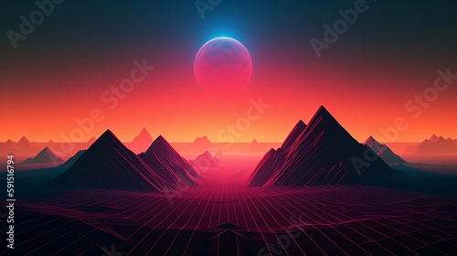 Minimalism  futuristic dark background with bright colored geometry  mountains and a big moon created with Generative AI technology 