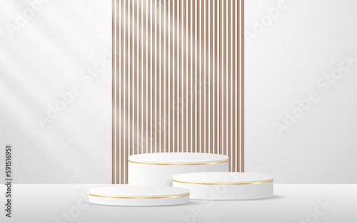 Multi-tiered white podium with elegant golden lines with brown slatted backdrop for advertisement display. Display of cosmetic products. stage or podium. vector illustration

