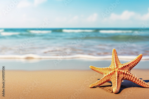 starfish on the sand with a paradise beach in the background. Copy space. summer concept. Ai generative