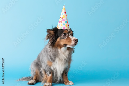 dog with a birthday cap on his head on a blue background. Copy space, Ai generative
