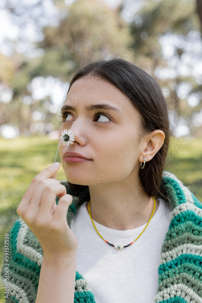Young brunette woman smelling daisy and looking away in park. Young brunette woman smelling daisy and looking away in park.