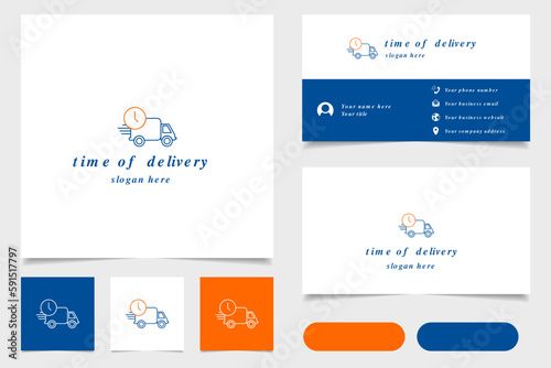 Time of delivery logo design with editable slogan. Branding book and business card template.