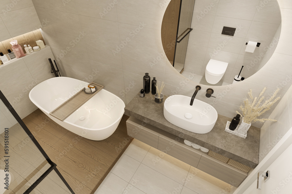 Fototapeta premium 3d-render. Bathroom with a round mirror and black faucets, in a modern style.