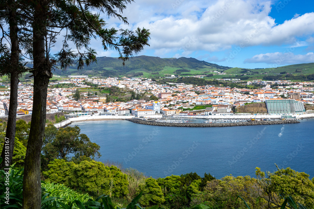 City of Angra do Heroismo. View from Monte Brasil. Historic fortified city and the capital of the Portuguese island of Terceira. Autonomous Region of the Azores. Portugal.
