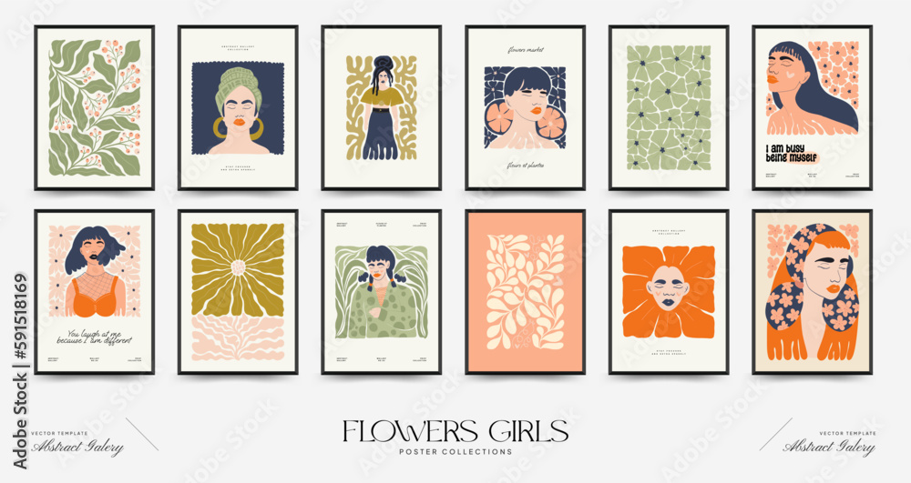 Fototapeta premium Abstract floral and women posters template. Modern trendy Matisse minimal style. Cute girl and fashion. Hand drawn design for wallpaper, wall decor, print, postcard, cover, template, banner. 