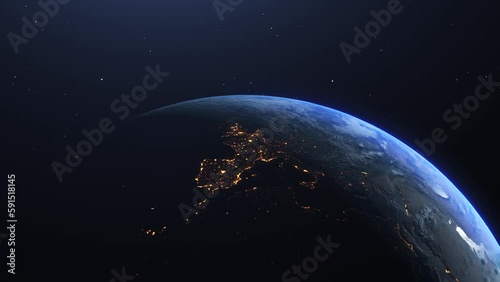 Planet earth from space. Clip contains space, planet, galaxy, stars, cosmos, sea, earth, sunset, globe. Planet earth rotating animation.