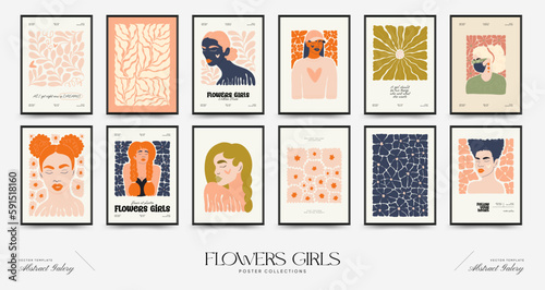 Abstract floral and women posters template. Modern trendy Matisse minimal style. Cute girl and fashion. Hand drawn design for wallpaper, wall decor, print, postcard, cover, template, banner. 