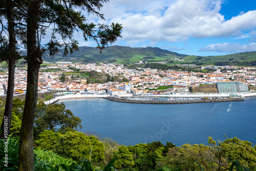 City of Angra do Heroismo. View from Monte Brasil. Historic fortified city and the capital of the Portuguese island of Terceira. Autonomous Region of the Azores. Portugal.