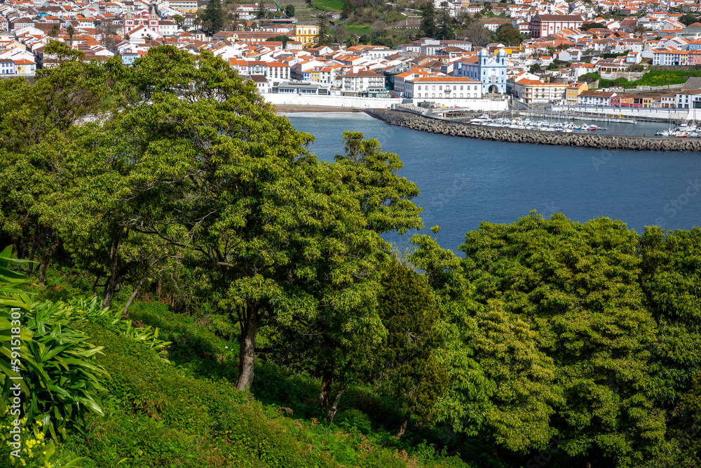 City of Angra do Heroismo. View from Monte Brasil. Historic fortified city and the capital of the Portuguese island of Terceira. Autonomous Region of the Azores. Portugal.