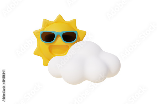 3d Sun character wearing sunglasses with cloud, Summer tropical sand beach on a sunny day. Summer vacation. 3d rendering.