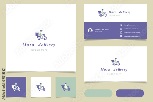 Moto delivery logo design with editable slogan. Branding book and business card template.