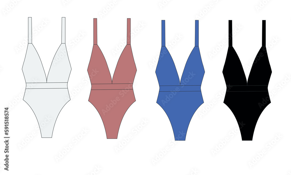 A collection of women's one-piece swimsuits in blue, white, pink and black. Technical drawing of a fashionable women's swimsuit with straps. Set of vector templates of trendy swimwear for ladies. A collection of women's one-piece swimsuits in blue, white, pink and black. Technical drawing of a fashionable women's swimsuit with straps. Set of vector templates of trendy swimwear for ladies.