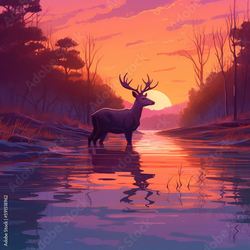 Deer illustration in forest with sunset. Generative AI. © Absent Satu