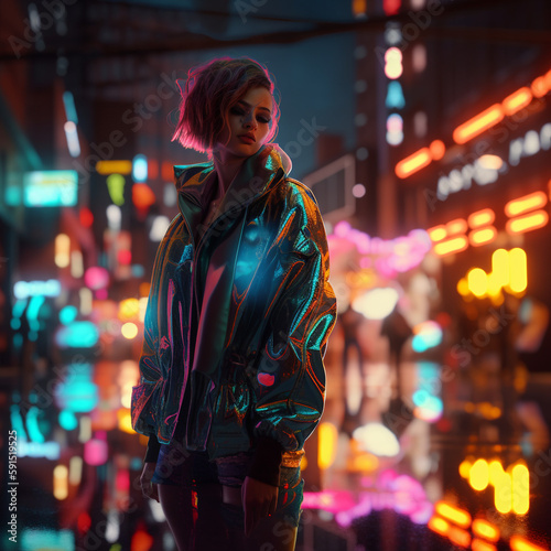 Generative ai woman wearing holographic clothes in cyberpunk neon city