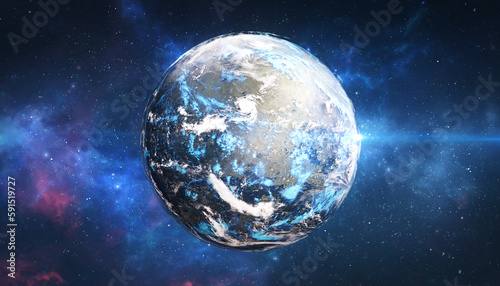 Fototapeta Naklejka Na Ścianę i Meble -  Planet earth with city lights and clouds in space with stars. 3d illustration