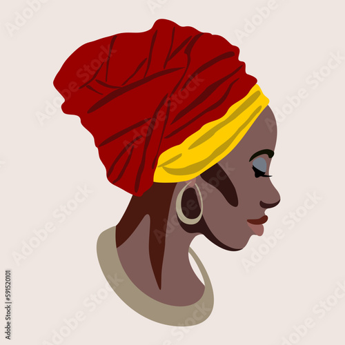 Vector isolated female profile. Portrait of beautiful african woman in turban  golden earring and thick necklace.