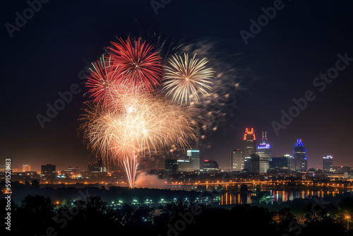 A spectacular, nighttime fireworks, lighting up the sky with vibrant, colorful bursts, celebrating the spirit of Independence Day, set against the backdrop of a city skyline or a serene. Generative AI