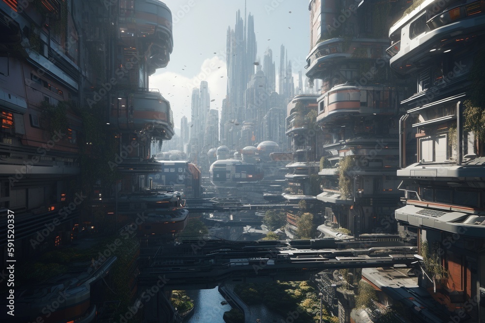 A futuristic cityscape with advanced artificial intelligence and robotics, Generative AI