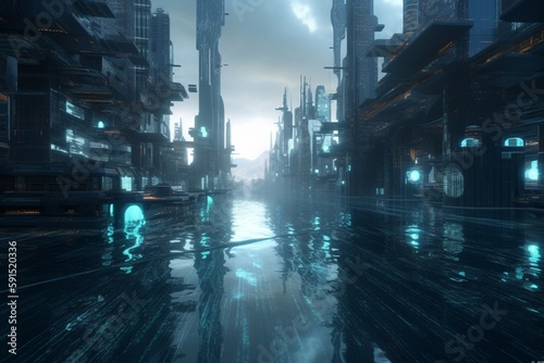 A futuristic cityscape with advanced artificial intelligence and robotics, Generative AI