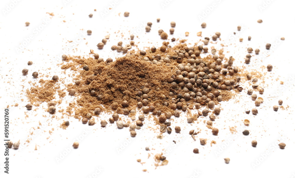 Fototapeta premium Coriander powder pile and grains isolated on white 
