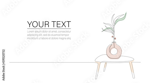 One line drawing of branch, flower in vase on table. Continuous line handdrawn of furniture and flower, plant in pot. Minimalist Vector colored illustration of plant. Editable stroke