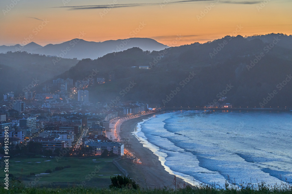 awesome landscape during sunset at Zarautz beach, Basque Country, Spain