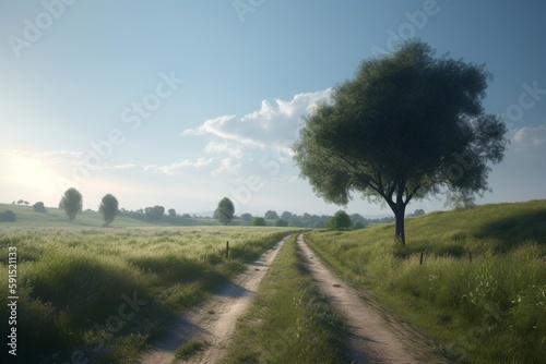 A minimalist landscape with a peaceful countryside or rural road, Generative AI