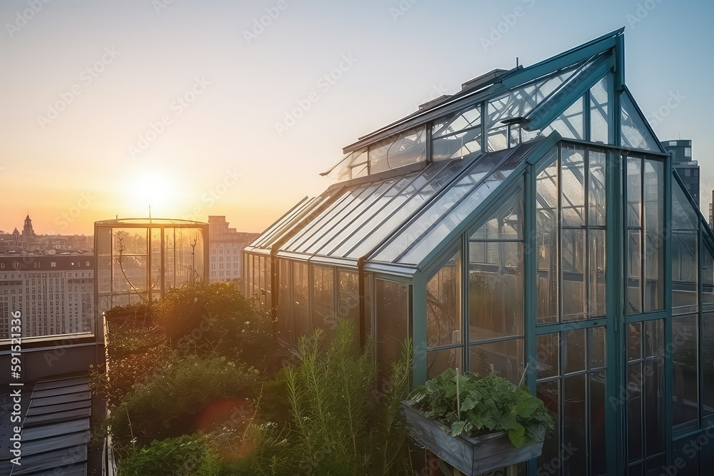 Greenhouse in city, generative ai