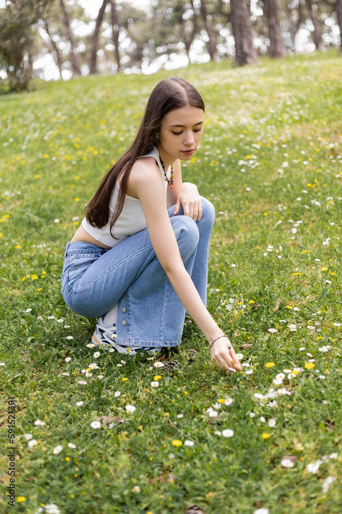 Brunette woman in top looking at daisy flowers on lawn in summer. Brunette woman in top looking at daisy flowers on lawn in summer.
