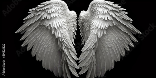 White angel wings, rear view and isolated black background. Generative AI