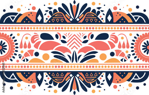 Vibrant Tribal Vector Print: Orange, Navy, Light yellow, and Dark pink. Drawing inspiration from ethnic and indigenous art, this print incorporates geometric motifs in an abstract and bold style.
