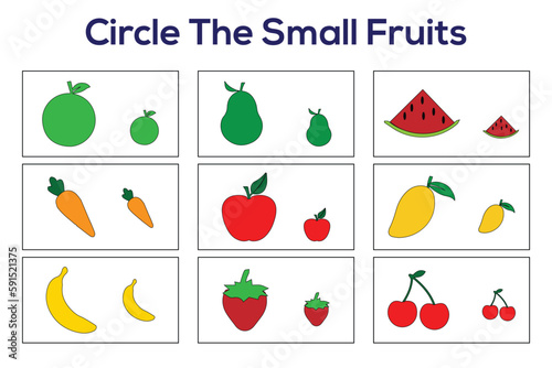 Circle the small fruits worksheets. A worksheet to know the smallest subject for kids or toddlers