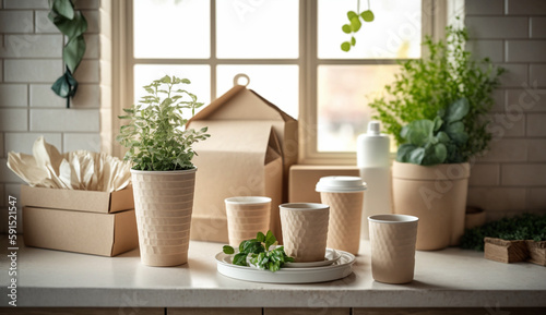Beige paper cups, beige plates, beige boxes on kitchen. Zero waste, plastic free concept. Generative AI
