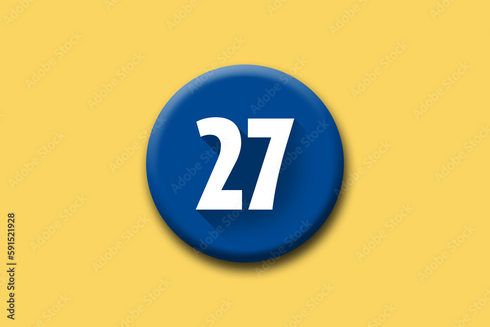 27 - twenty-seven - number on blue button and yellow background 27 - twenty-seven - number on blue button and yellow background