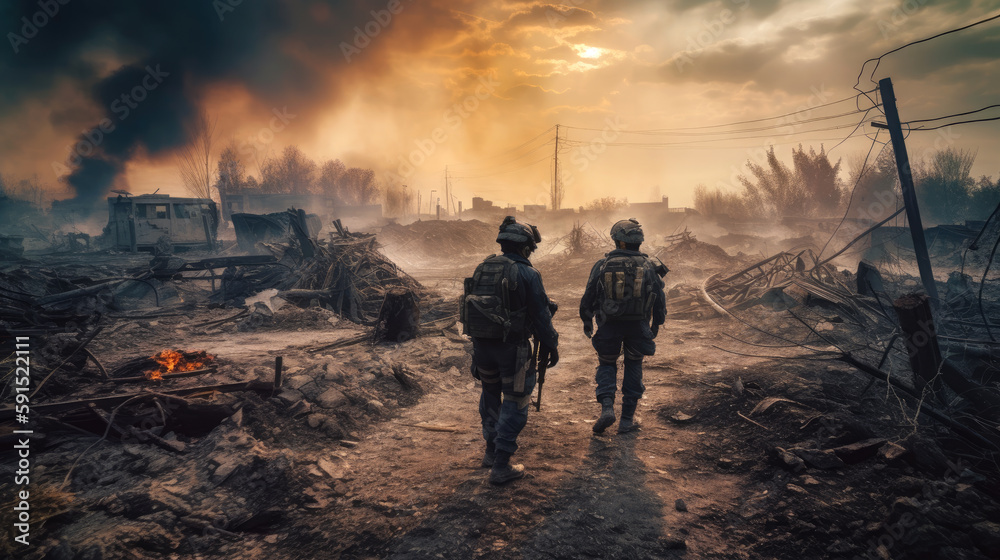 War, military special forces in bombing destroyed city full of fire and smoke War, military special forces in bombing destroyed city full of fire and smoke