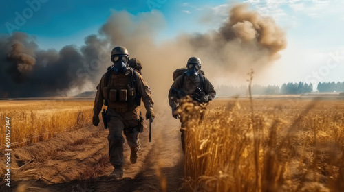 War, military special forces in wheat field 