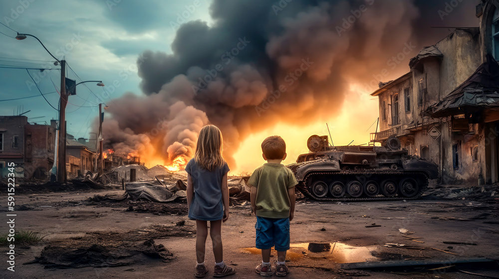 War, Two small children stand in front of a destroyed tank and look at burning ruins of a bombed city