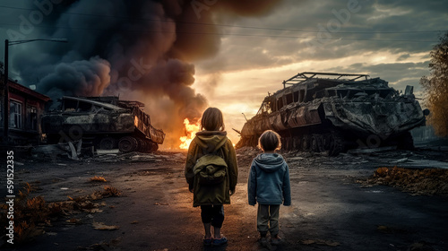 War, Two small children stand in front of a destroyed tanks and look at burning ruins of a bombed city