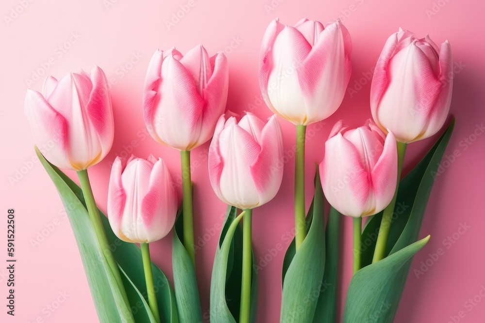 Fototapeta premium a colorful bouquet of pink tulips against a soft pink background