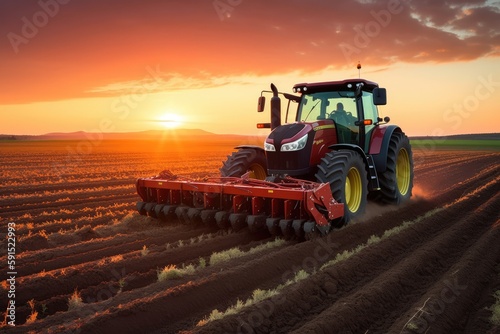 a tractor plowing a golden field at sunset