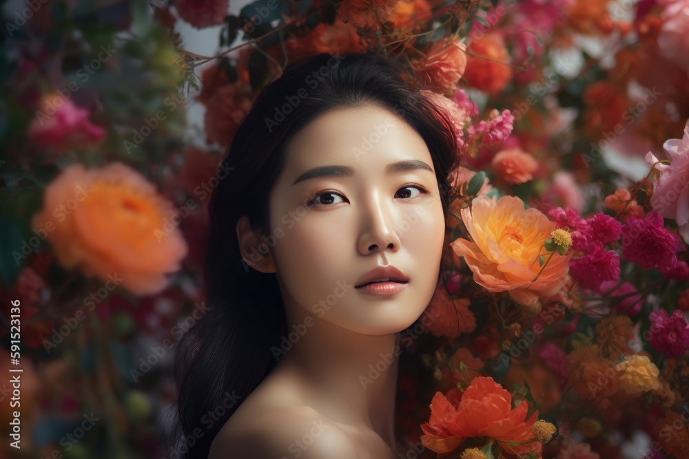 Fashion portrait of young beautiful glowing skin Asian woman model, skin care, emphasizing the natural beauty and radiance of healthy skin, AI generated