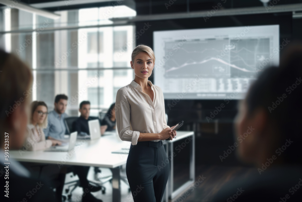 Confident businesswoman presents her business project on a large screen, generative AI Confident businesswoman presents her business project on a large screen, generative AI